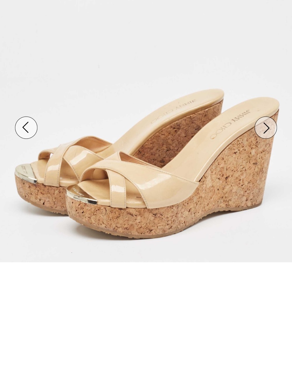 Jimmy Choo Beige Patent Leather Cork Wedge Sandals